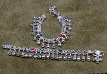 5" Handmade sterling silver new born baby anklets, excellent waved charming noisy bells baby anklet bracelet, payal for kids jewelry ank278 - TRIBAL ORNAMENTS