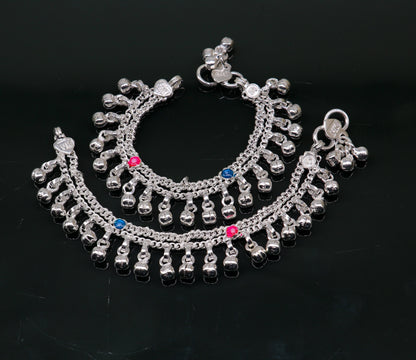 5" Handmade sterling silver new born baby anklets, excellent waved charming noisy bells baby anklet bracelet, payal for kids jewelry ank278 - TRIBAL ORNAMENTS