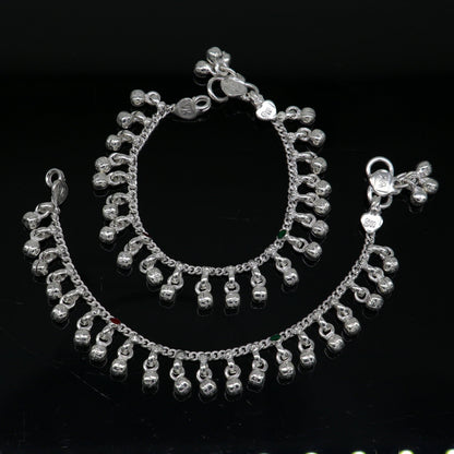 5" Handmade sterling silver new born baby anklets, excellent waved charming noisy bells baby anklet bracelet, payal kids jewelry ank281 - TRIBAL ORNAMENTS
