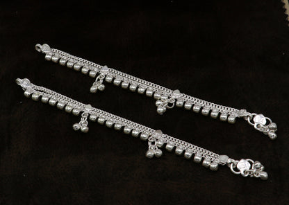 Sterling silver vintage-style baby anklet with charms, customized tribal design, perfect kids jewelry gift, handcrafted ankle bracelet.