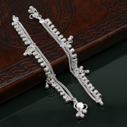 Sterling silver vintage baby anklet with charms, custom fancy style, perfect kids jewelry gift, tribal ornaments brand.