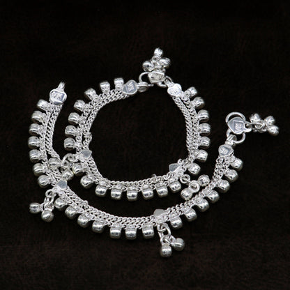 Sterling silver vintage-style baby anklet with charms, customized tribal ornament jewelry for kids, perfect birthday gift in India.