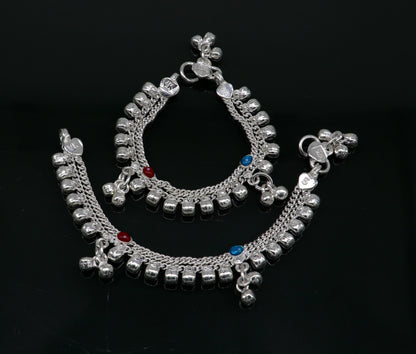 5" Vintage fancy style customized Sterling silver baby anklets, charm ankle bracelet, best kids gifting jewelry birthday gift India ank290 - TRIBAL ORNAMENTS