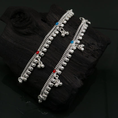 5" Vintage fancy style customized Sterling silver baby anklets, charm ankle bracelet, best kids gifting jewelry birthday gift India ank290 - TRIBAL ORNAMENTS