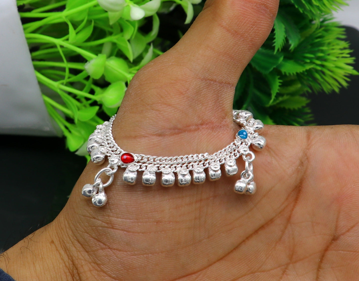 5" Vintage fancy style customized Sterling silver baby anklets, charm ankle bracelet, best kids gifting jewelry birthday gift India ank290 - TRIBAL ORNAMENTS