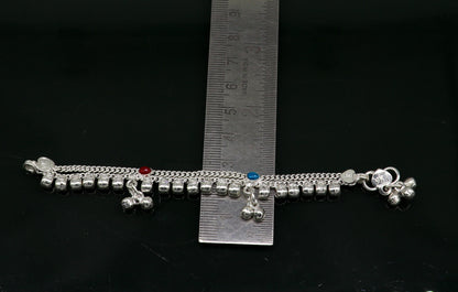 5" Vintage fancy style customized Sterling silver baby anklets, charm ankle bracelet, best kids gifting jewelry birthday gift India ank290 - TRIBAL ORNAMENTS