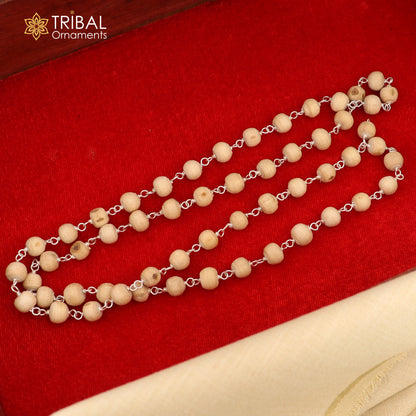 Sterling silver white Tulsi beads jaap mala necklace, handmade for meditation and mantra chanting, by TRIBAL ORNAMENTS.