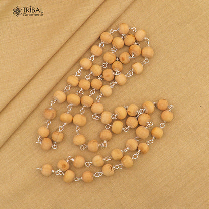 925 Sterling silver handmade white Tulsi beads jaap mala for meditation or mantra chanting, featuring traditional beaded necklace design.