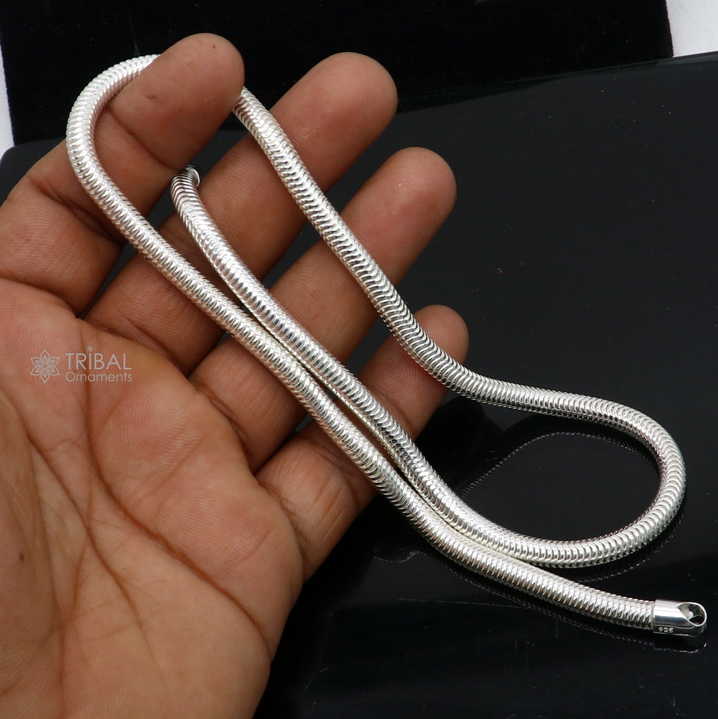 Sterling silver 5mm 20-inch smooth flexible snake chain necklace by Tribal Ornaments, handcrafted trendy jewelry accessory.