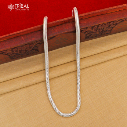 Sterling silver 20-inch 5mm smooth flexible snake chain necklace by Tribal Ornaments, showcasing its sleek, handmade design.