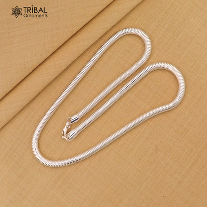 Sterling silver 20-inch 5mm smooth flexible snake chain necklace by Tribal Ornaments, showcasing its sleek, handmade design.