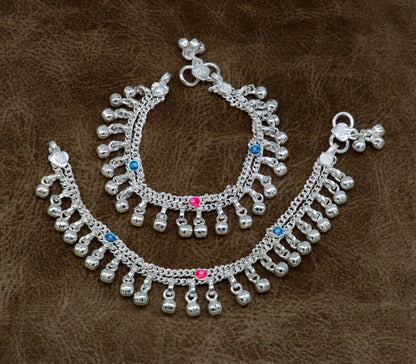 6" inches Sterling silver handmade double chain jingling ankle bracelet baby anklet high noisy sound bells charm foot anklets jewelry ank304 - TRIBAL ORNAMENTS