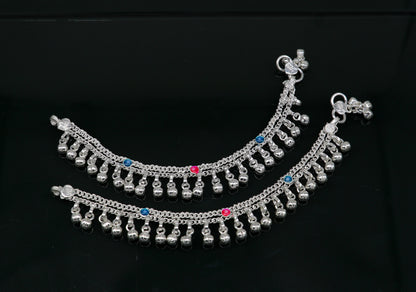 6" inches Sterling silver handmade double chain jingling ankle bracelet baby anklet high noisy sound bells charm foot anklets jewelry ank304 - TRIBAL ORNAMENTS