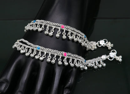 6" inches Sterling silver handmade double chain jingling ankle bracelet baby anklet high noisy sound bells charm foot anklets jewelry ank304 - TRIBAL ORNAMENTS