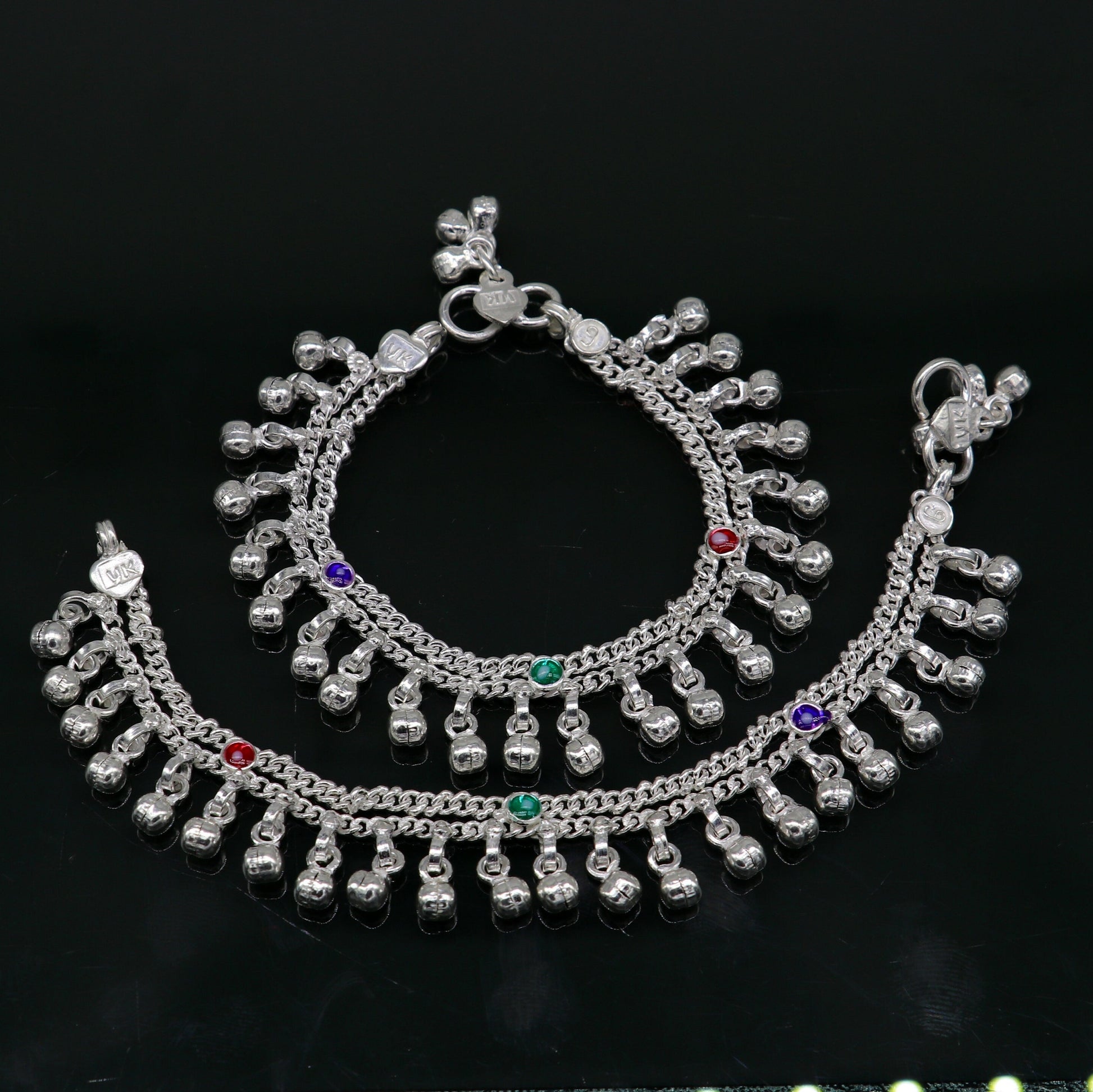 6" inches Sterling silver handmade double chain jingling ankle bracelet baby anklet noisy sound bells charm foot anklets jewelry ank303 - TRIBAL ORNAMENTS