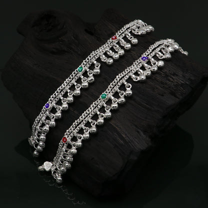 6" inches Sterling silver handmade double chain jingling ankle bracelet baby anklet noisy sound bells charm foot anklets jewelry ank303 - TRIBAL ORNAMENTS