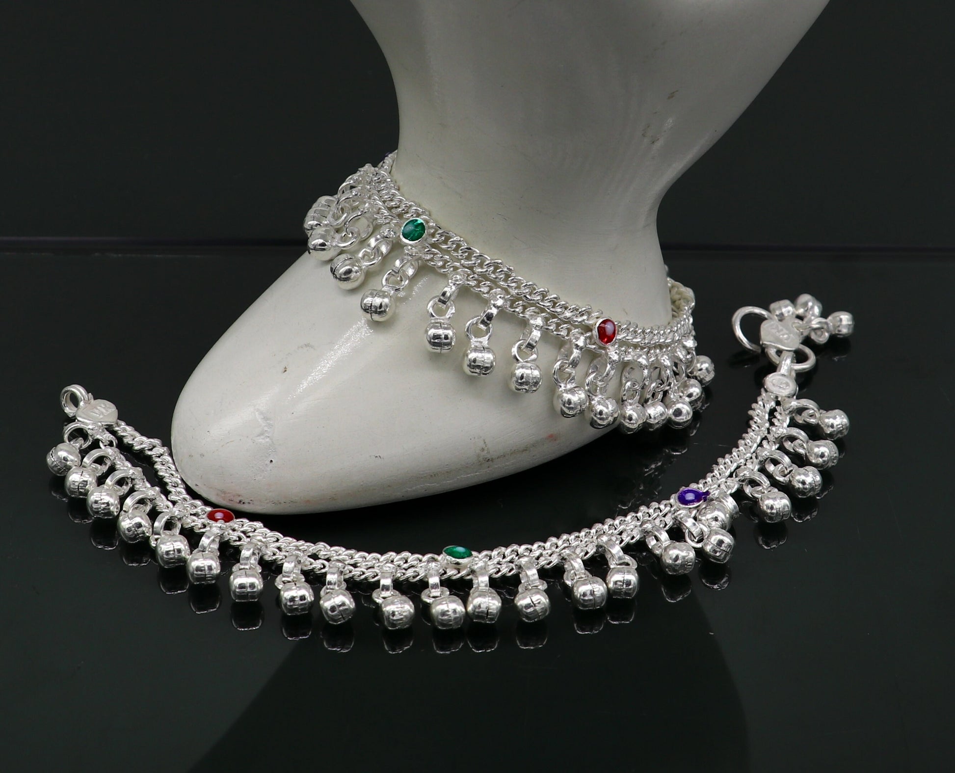 6" inches Sterling silver handmade double chain jingling ankle bracelet baby anklet noisy sound bells charm foot anklets jewelry ank303 - TRIBAL ORNAMENTS