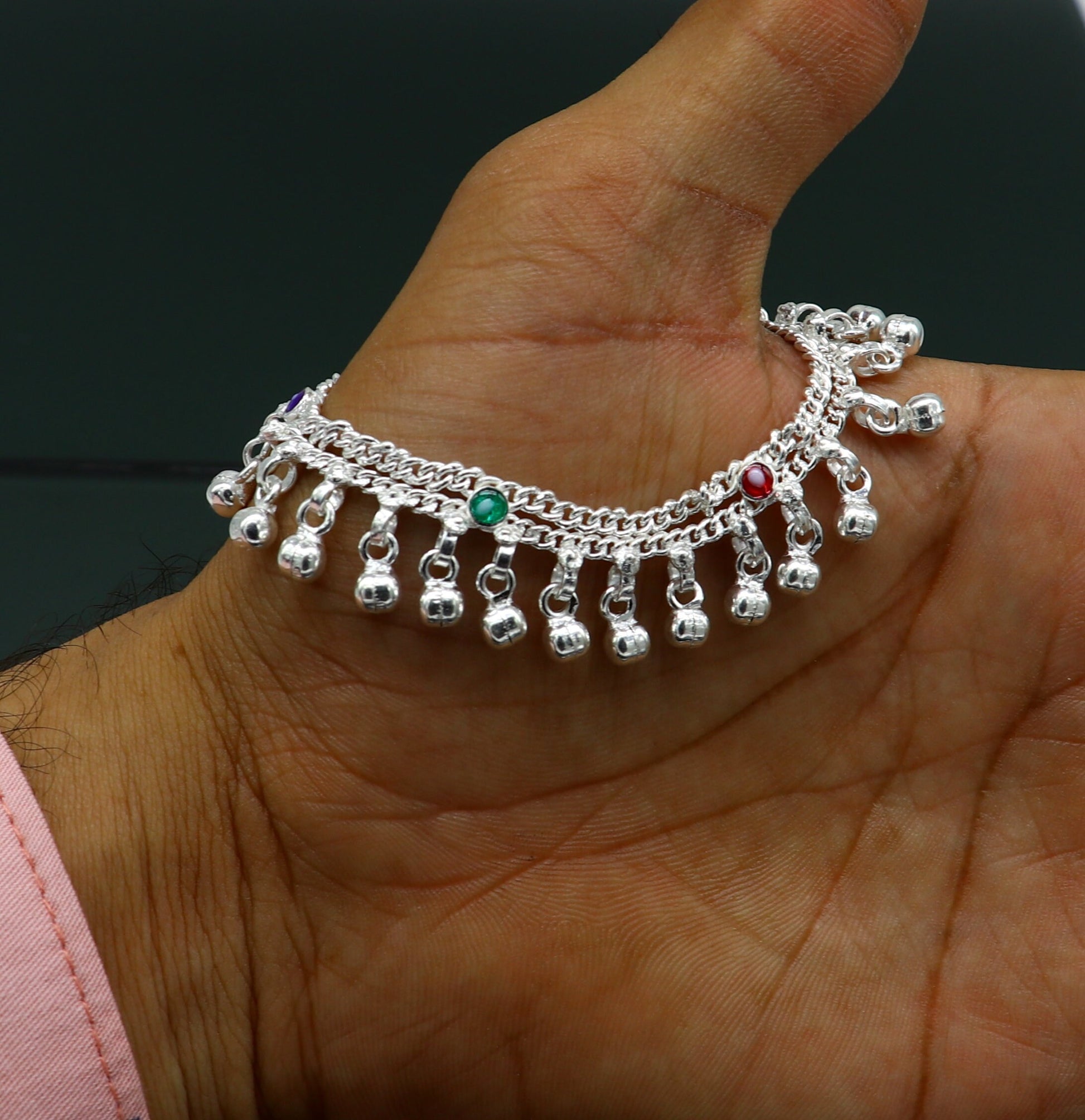 6" inches Sterling silver handmade double chain jingling ankle bracelet baby anklet noisy sound bells charm foot anklets jewelry ank303 - TRIBAL ORNAMENTS