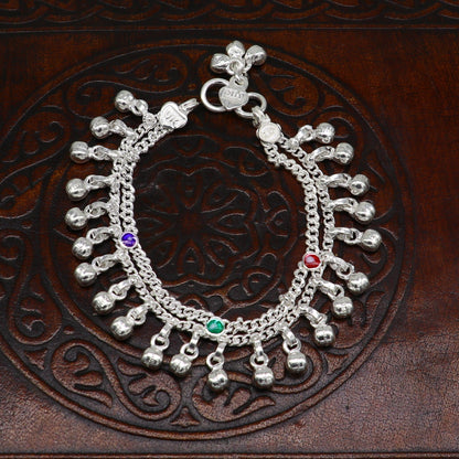 6" inches Sterling silver handmade double chain jingling ankle bracelet baby anklet noisy sound bells charm foot anklets jewelry ank303 - TRIBAL ORNAMENTS