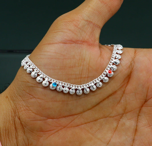 6" long handmade single curb Cuban smooth chain new born baby anklets, fabulous charm ankle bracelet unisex kids jewelry from India ank299 - TRIBAL ORNAMENTS