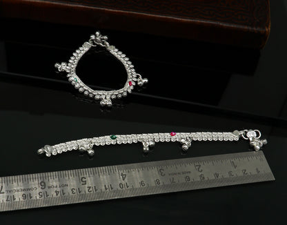 Sterling silver handmade baby anklet with jingling charms, customized design, ideal for kids jewelry and gifting by TRIBAL ORNAMENTS.