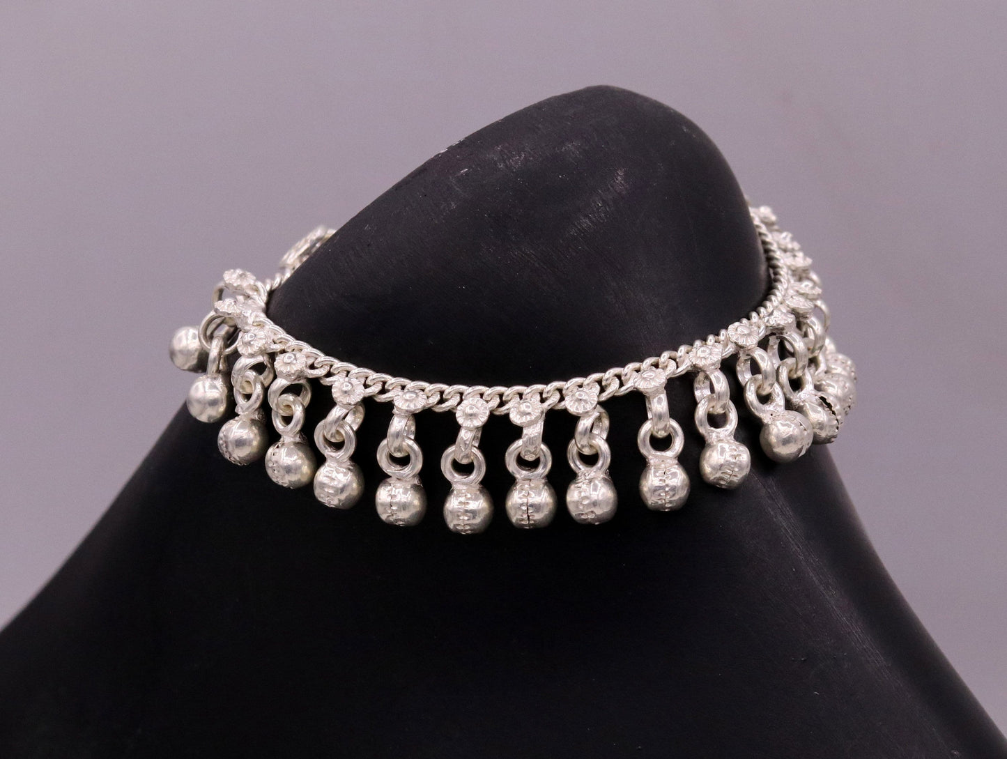 Sterling silver vintage baby anklet with hanging noisy bells, handmade tribal design, 6-inch length, charming ankle bracelet for infants.