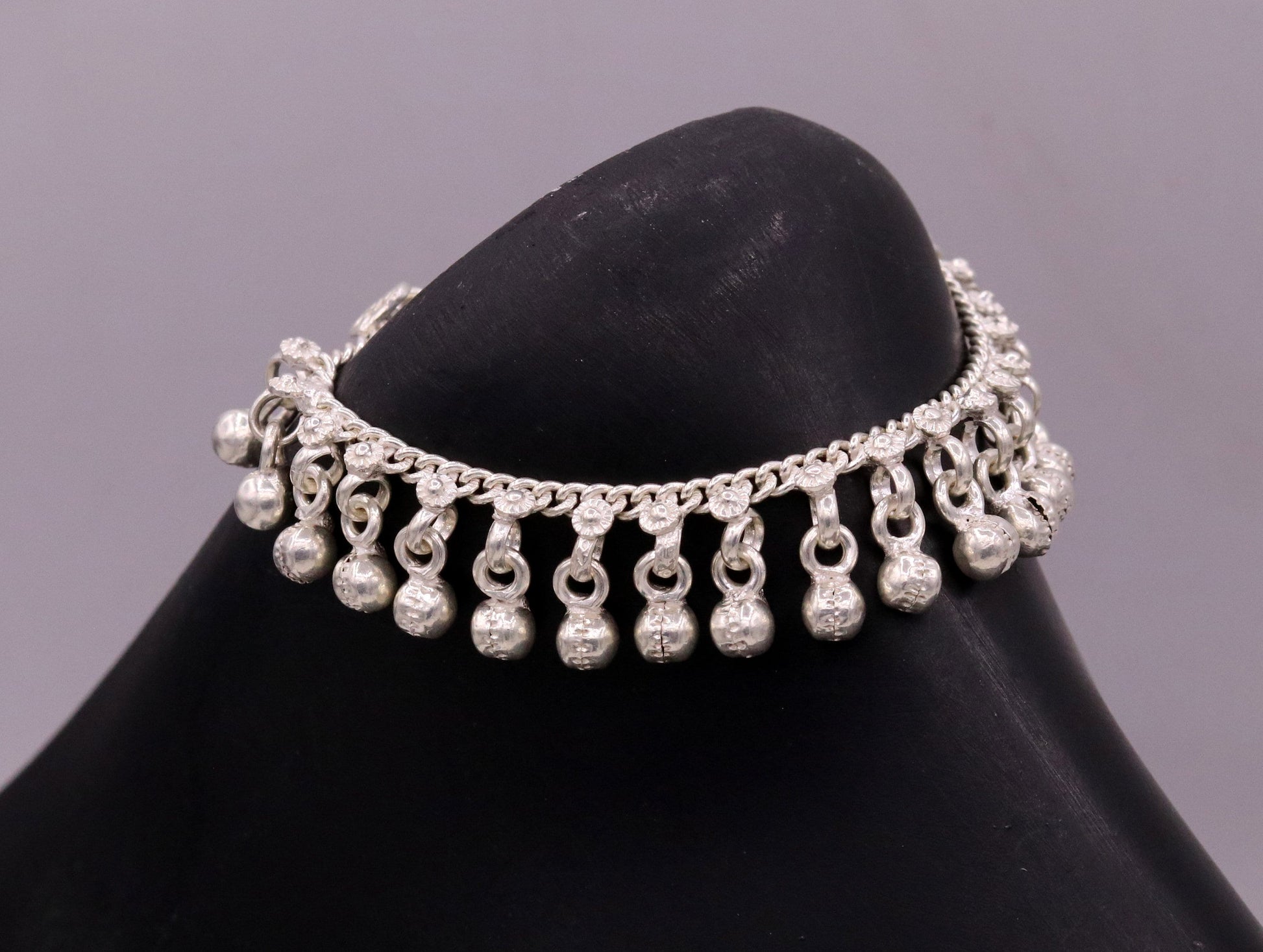 Sterling silver vintage baby anklet with hanging noisy bells, handmade tribal design, 6-inch length, charming ankle bracelet for infants.