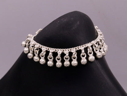 Sterling silver vintage baby anklet with hanging noisy bells, handmade tribal design, 6-inch length, charming ankle bracelet for infants.