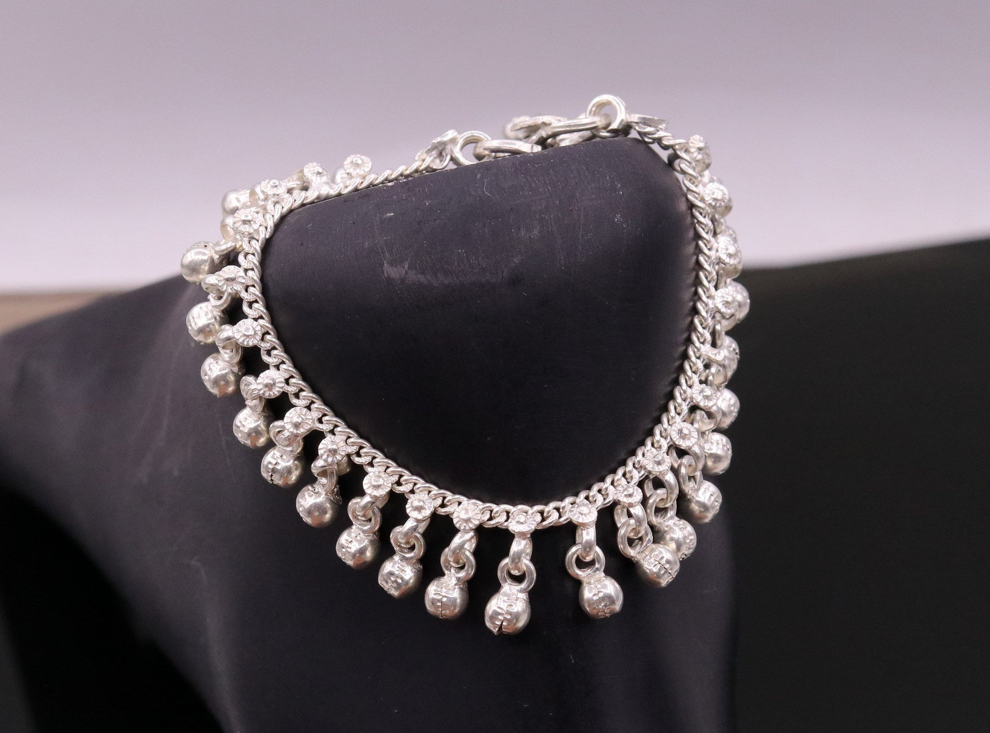 Sterling silver baby anklet with vintage design, handmade hanging bells and charms, tribal ornaments style, 6-inch length.
