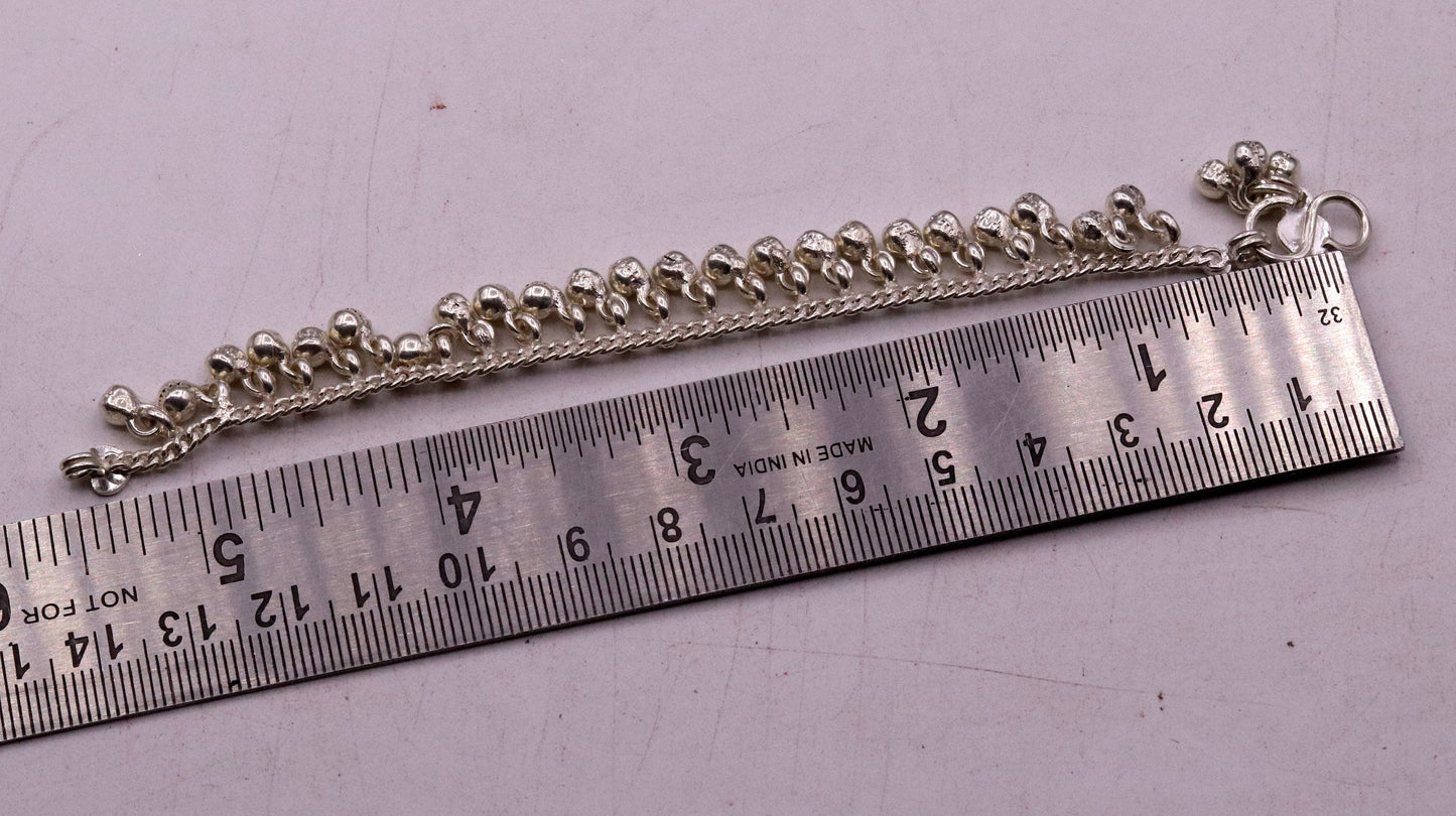 Sterling silver vintage baby anklet with hanging bell charms, handmade tribal design, 6-inch length, tribal ornaments brand.