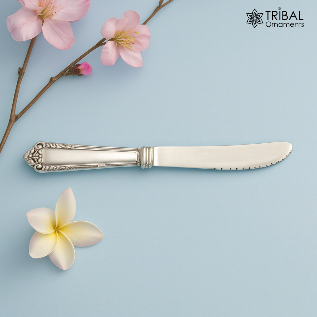 6-inch TRIBAL ORNAMENTS sterling silver butter knife with intricate design, ideal for luxury gifting or food serving.