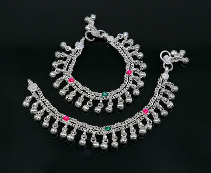 6" Pure sterling silver handmade jingling anklets new born baby ankle bracelet, best gifting noisy anklets kids jewelry from India ank309 - TRIBAL ORNAMENTS