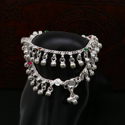 Sterling silver handmade baby anklet with waved hanging noisy bells, traditional Indian kids jewelry, crafted by Tribal Ornaments.