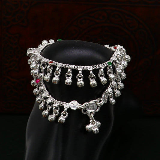 6" Pure sterling silver handmade waved hanging noisy bells anklets baby ankle bracelet, gifting noisy anklets kids jewelry from India ank317 - TRIBAL ORNAMENTS