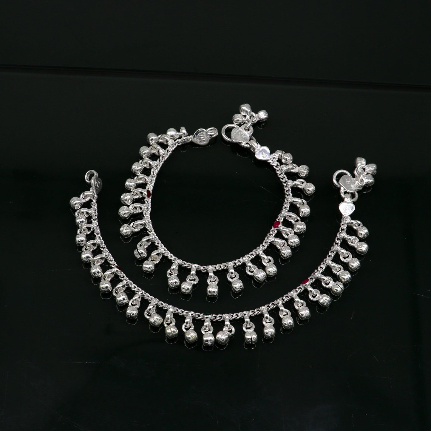 6" Pure sterling silver handmade waved hanging noisy bells anklets baby ankle bracelet, gifting noisy anklets kids jewelry from India ank317 - TRIBAL ORNAMENTS