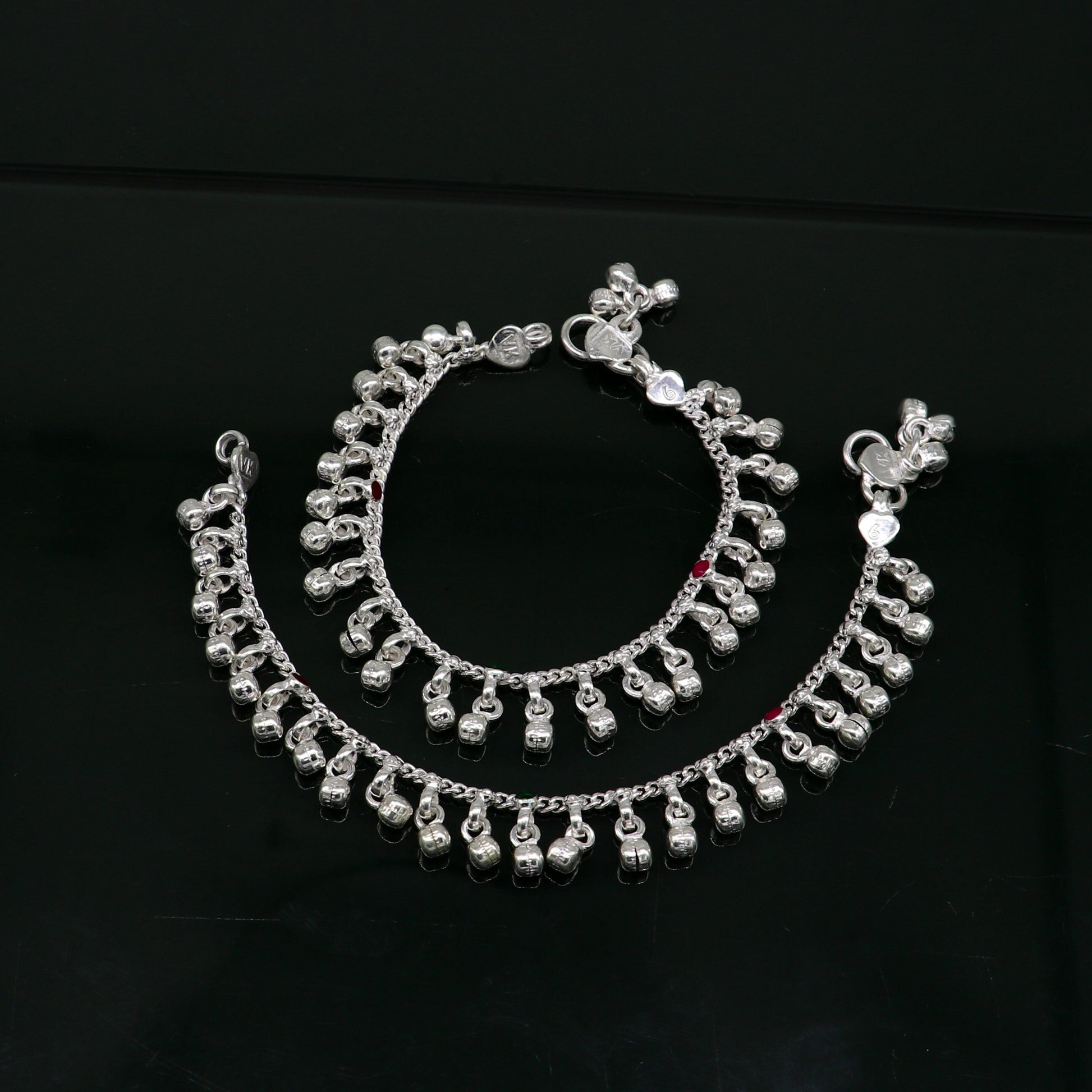 6" Pure sterling silver handmade waved hanging noisy bells anklets baby ankle bracelet, gifting noisy anklets kids jewelry from India ank317 - TRIBAL ORNAMENTS