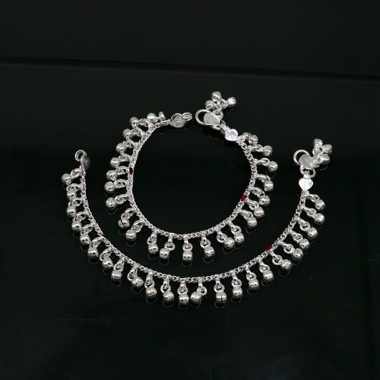 6" Pure sterling silver handmade waved hanging noisy bells anklets baby ankle bracelet, gifting noisy anklets kids jewelry from India ank317 - TRIBAL ORNAMENTS