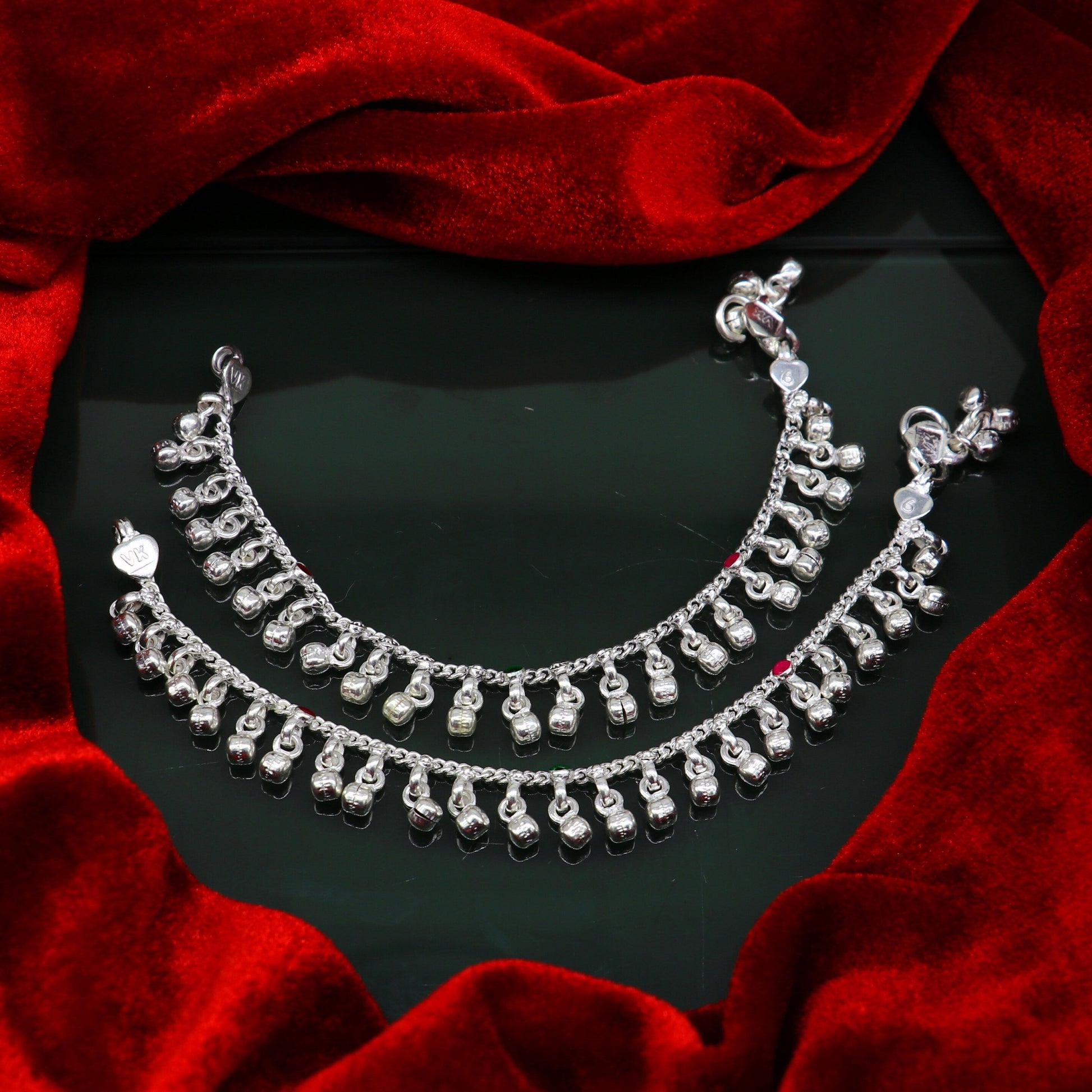 6" Pure sterling silver handmade waved hanging noisy bells anklets baby ankle bracelet, gifting noisy anklets kids jewelry from India ank317 - TRIBAL ORNAMENTS