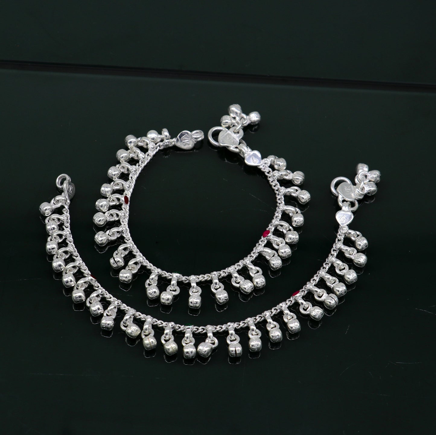 6" Pure sterling silver handmade waved hanging noisy bells anklets baby ankle bracelet, gifting noisy anklets kids jewelry from India ank317 - TRIBAL ORNAMENTS