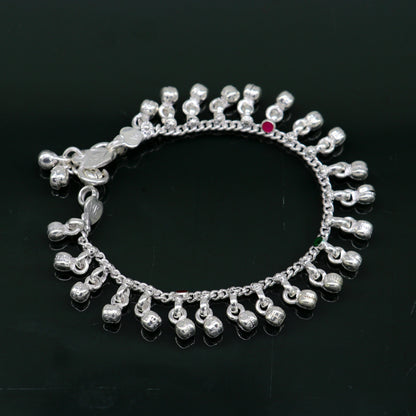 Sterling silver handmade waved anklet with hanging noisy bells, baby ankle bracelet, kids jewelry from Tribal Ornaments India