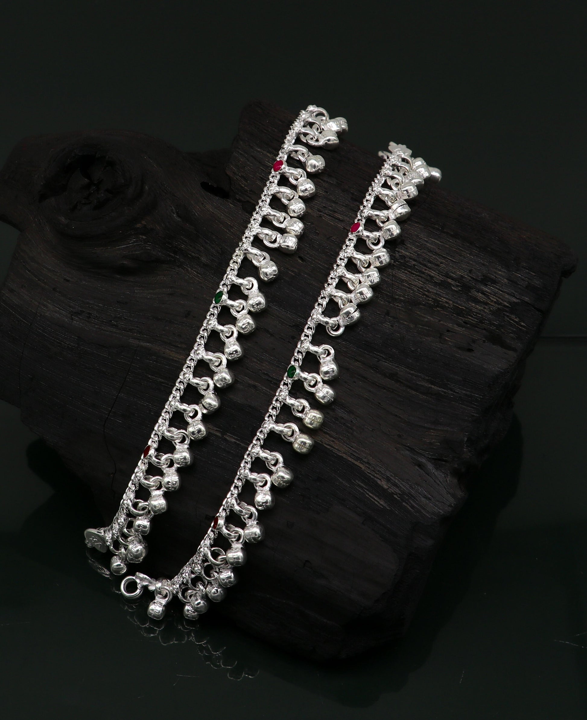 6" Pure sterling silver handmade waved hanging noisy bells anklets baby ankle bracelet, gifting noisy anklets kids jewelry from India ank317 - TRIBAL ORNAMENTS