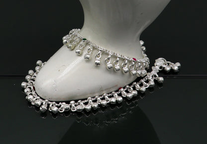 Sterling silver handmade waved ankle bracelet with hanging noisy bells, suitable for kids and babies, crafted by Tribal Ornaments.