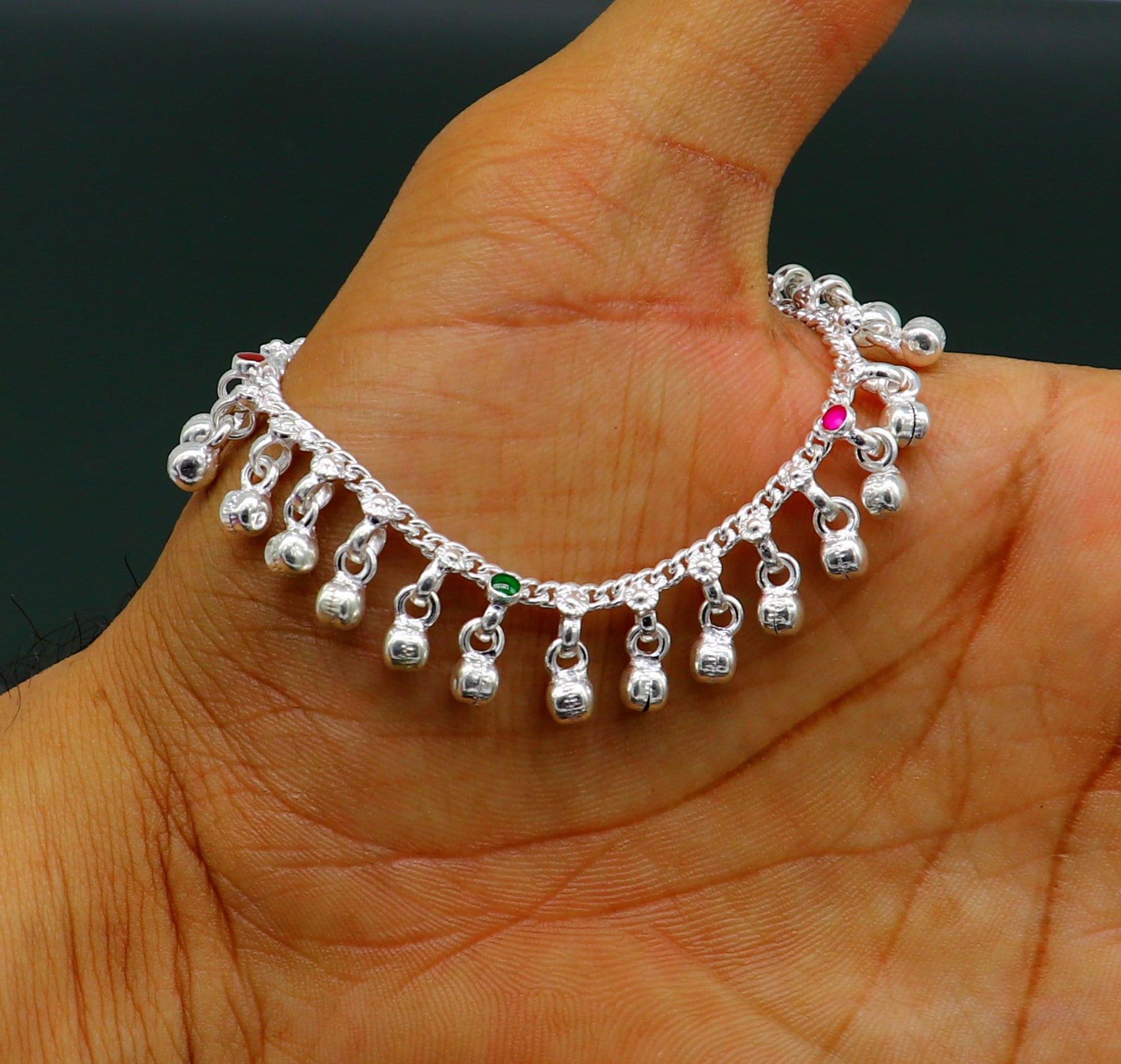 6" Pure sterling silver handmade waved hanging noisy bells anklets baby ankle bracelet, gifting noisy anklets kids jewelry from India ank317 - TRIBAL ORNAMENTS