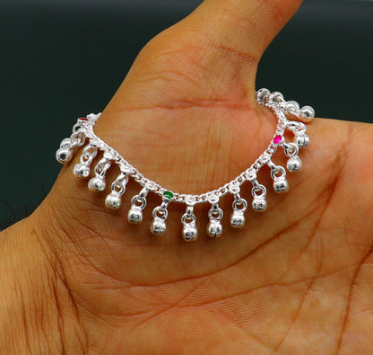 Handmade 6-inch sterling silver anklet with waved hanging noisy bells, designed for babies and kids, from Tribal Ornaments India.