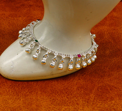 Sterling silver handmade waved noisy bells anklet for babies, tribal kids jewelry with hanging bells from India.