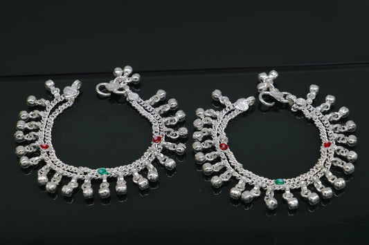 6" sterling silver handmade hanging drops anklets baby kids anklet bracelet, gifting noisy anklets kids jewelry from India ank316 - TRIBAL ORNAMENTS