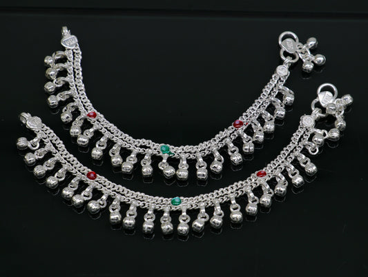 6" sterling silver handmade hanging drops anklets baby kids anklet bracelet, gifting noisy anklets kids jewelry from India ank316 - TRIBAL ORNAMENTS