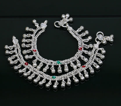 6" sterling silver handmade hanging drops anklets baby kids anklet bracelet, gifting noisy anklets kids jewelry from India ank316 - TRIBAL ORNAMENTS