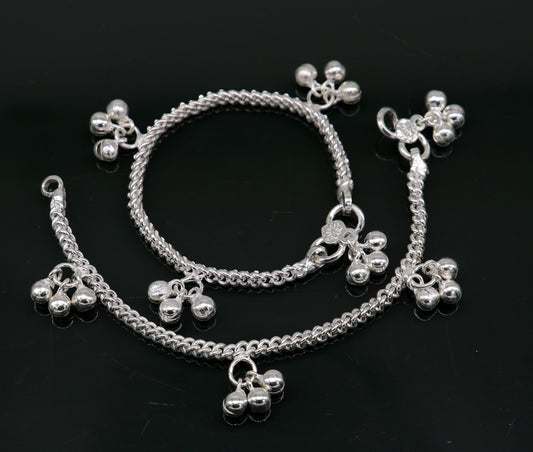 6" sterling silver kids customized designer noisy bells anklets baby ankle bracelet, noisy charm anklets kids jewelry from India ank321 - TRIBAL ORNAMENTS
