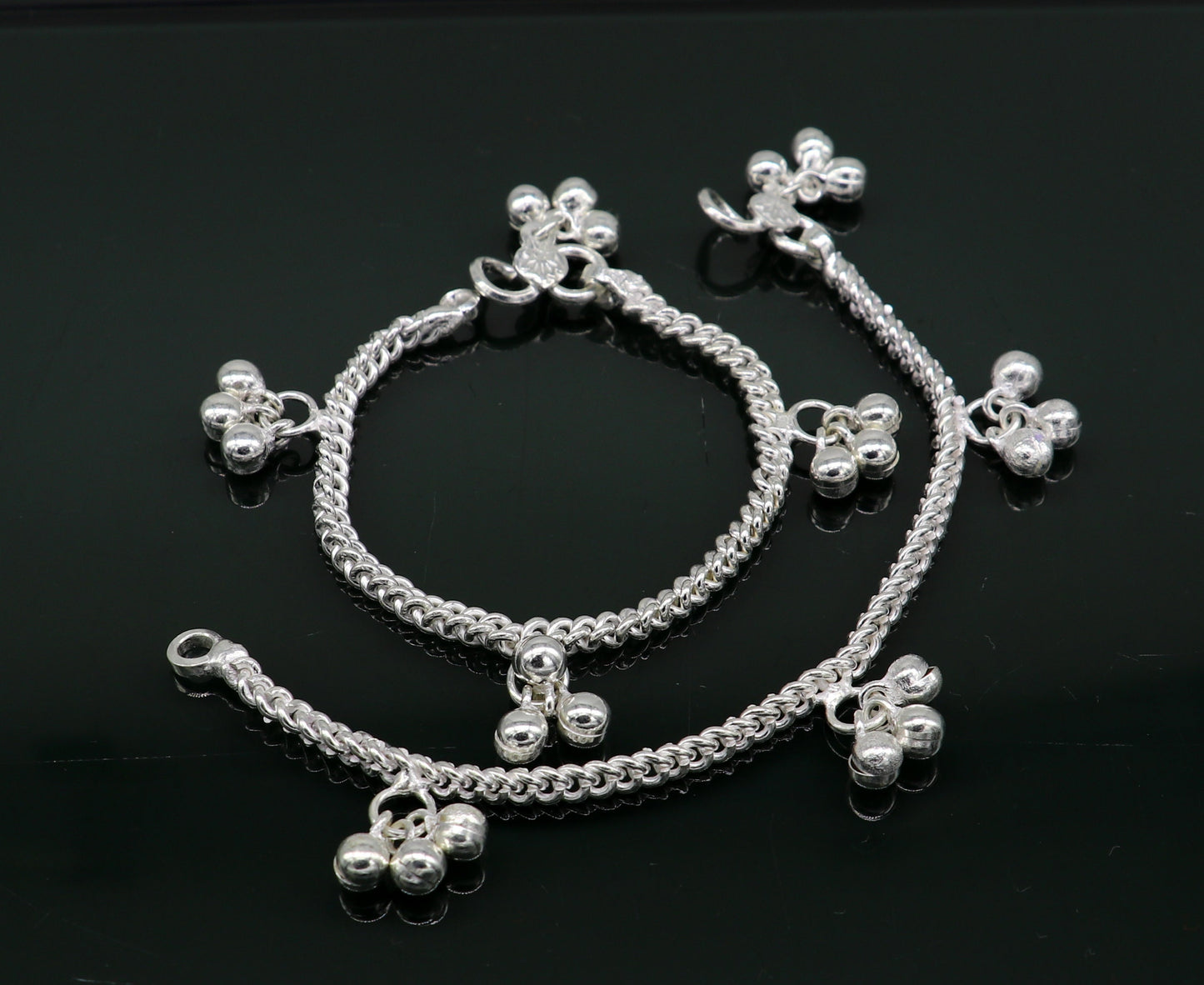 6" sterling silver kids customized designer noisy bells anklets baby ankle bracelet, noisy charm anklets kids jewelry from India ank321 - TRIBAL ORNAMENTS